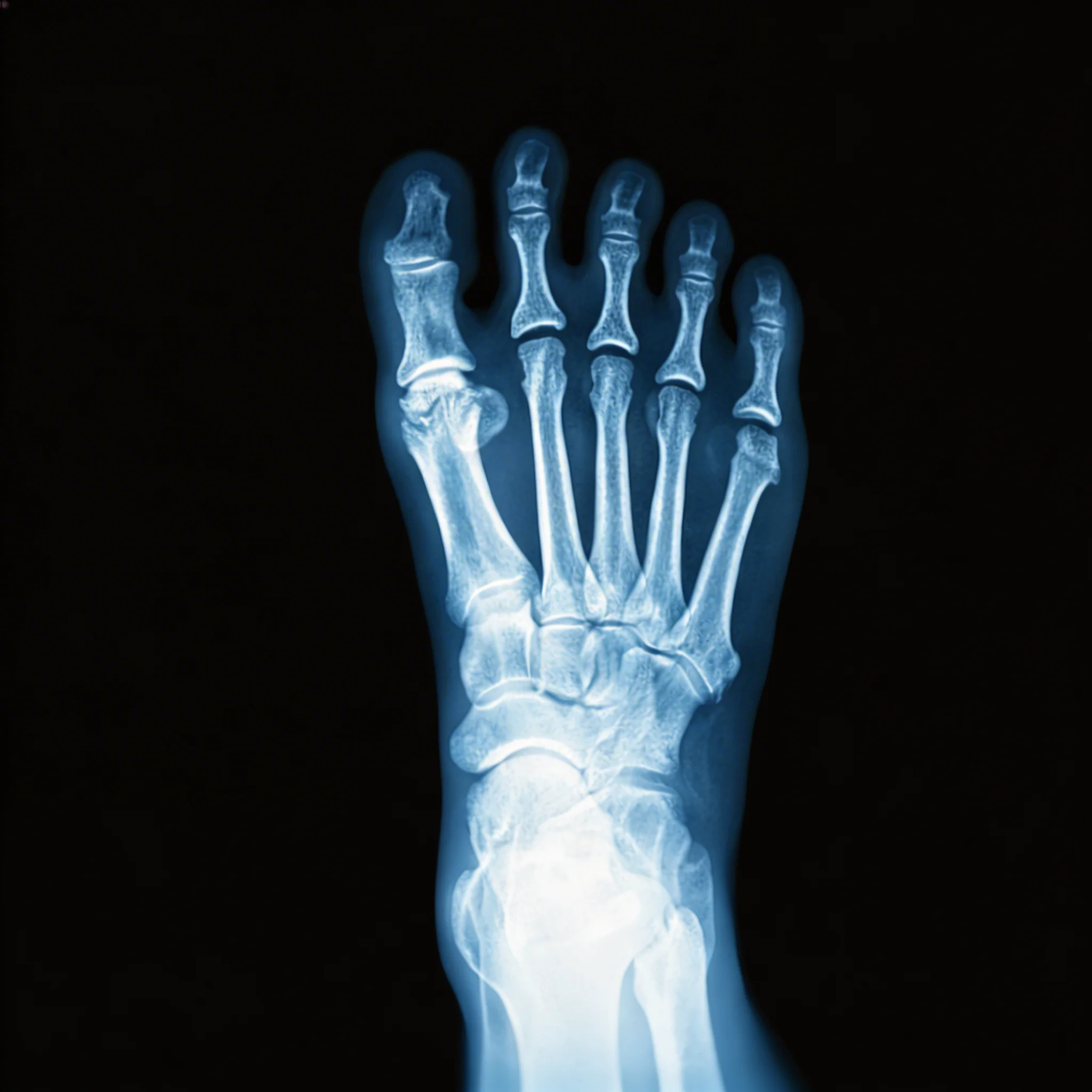 X-ray of a naturally aligned foot with toes spread wide and proper bone spacing