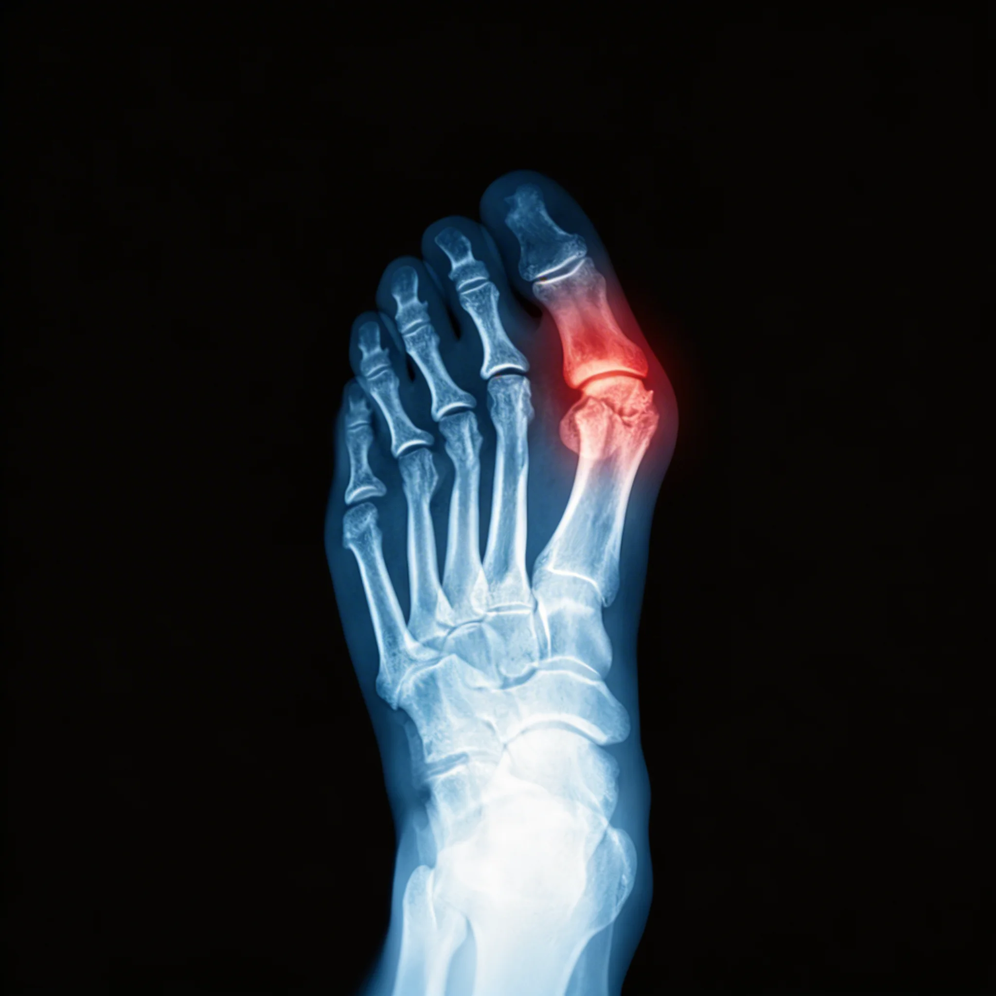 X-ray of a foot deformed by conventional shoes showing compressed toes and misaligned bones