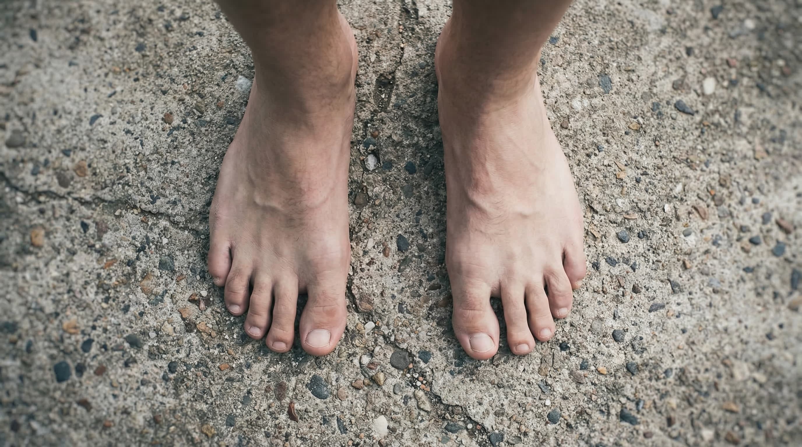 Overhead view of bare feet with toes spread naturally on a textured surface