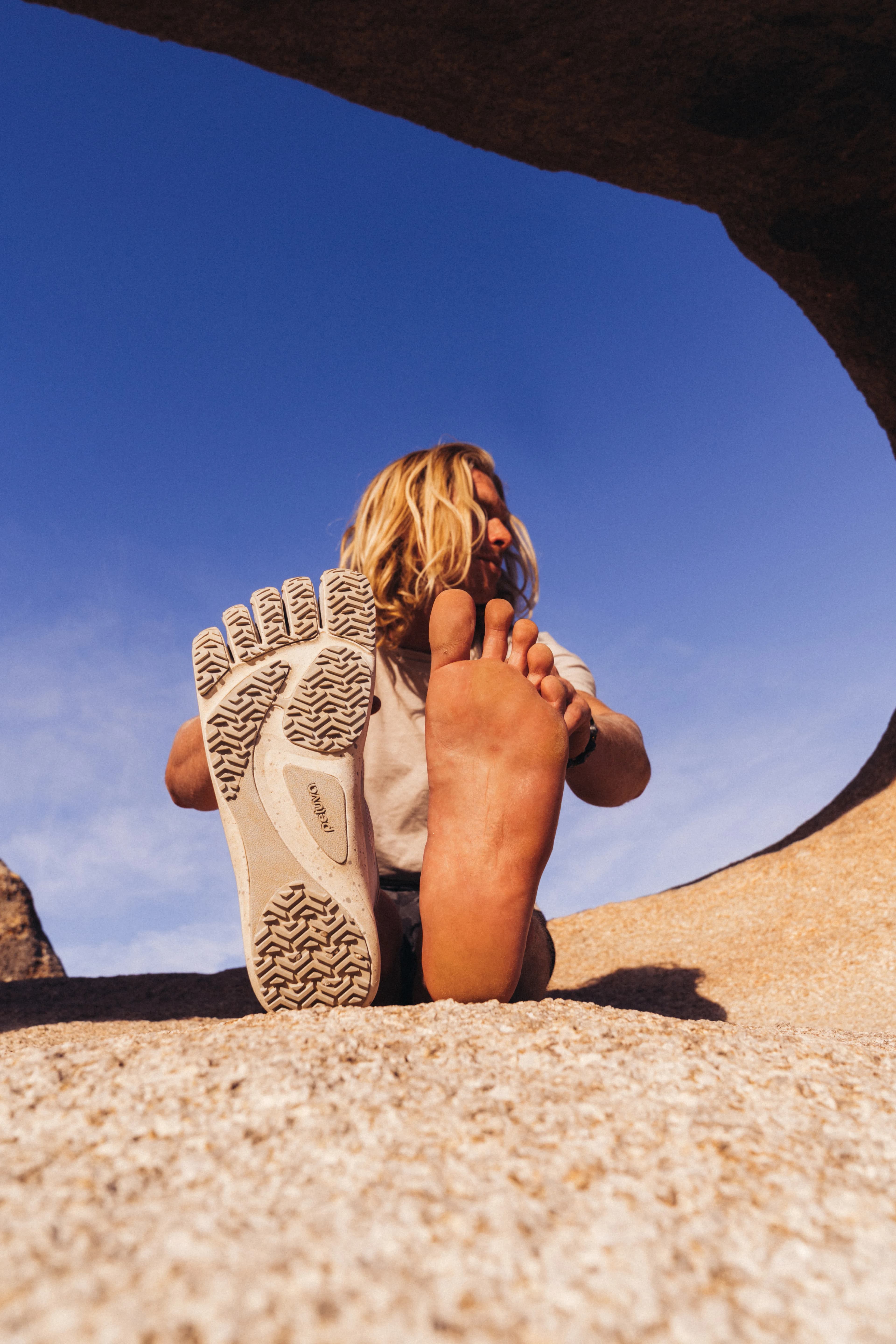 Close-up macro photo of Peluva shoe's five individual toe compartments showing anatomical contouring